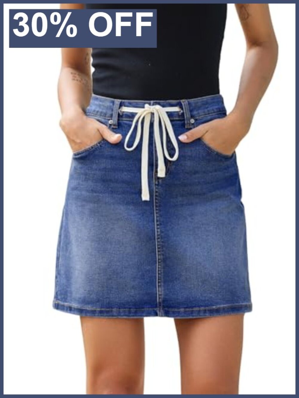 High Waist Drawstring Stretch Denim Mini Jean Skirt with Pockets